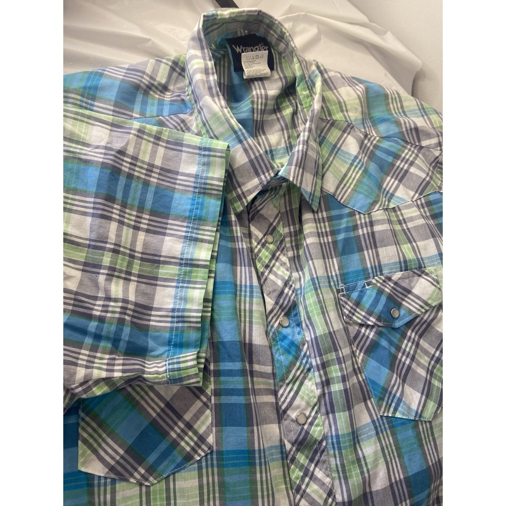 Wrangler Blue/ Green Plaid Pearl Snap Western Style Shirt- Size 3XL- Tiny‎ Flaw